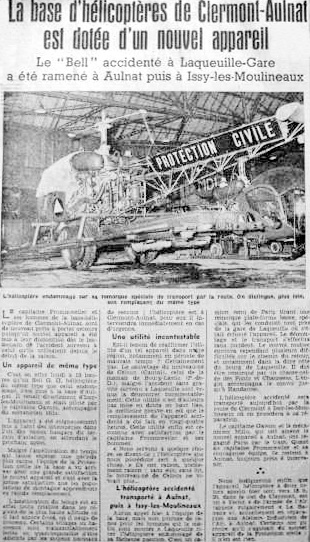 Le 17 janvier 1960, le Bell 47 G2 F-BHMG de la Base Protection civile de Clermont-Ferrand est endommagé lors d'un posé sur de la neige molle à Laqueuille-Gare (63). Équipage Gérard Frommweiler (Pilote) Louis Maret (MSS) - document DR