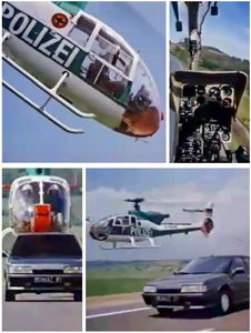 Cliquez pour en savoir +. Michel Anglade aux commandes d'une des Gazelle pour la publicité de la Renault 21 2L turbo, en 1987 - Photos DR INA