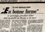Ce secours fera l'objet d'un article dans le journal local "La Provence" du 4 novembre 1987 - Article DR collection François BOURRILON