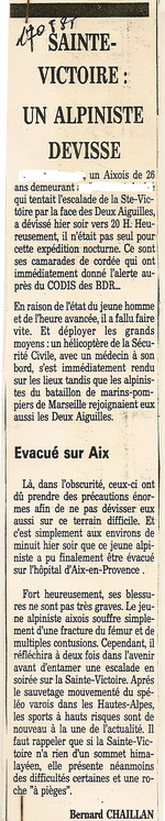Ce secours fera l'objet d'un article dans la presse locale du 17 août 1985 - Article collection François BOURRILLON