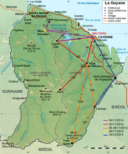Cliquez sur la carte pour l'agrandir et visualiser les différents trajets des missions - Carte La Guyane © DR