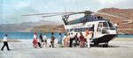 Super Frelon F-OCMF OLYMPIC Hermes embarque ses passagers en 1968 (Emile Faragou, Pierre Maulandi et Charles-Henry de Pirey) - Photo extraite du calendrier 1969 Sud Aviation - collection Famille RIGAUX