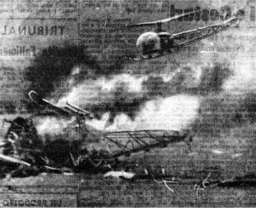 Épave du Bell 47 en feu juste près le crash, le 6 octobre 1960 - Photo DR