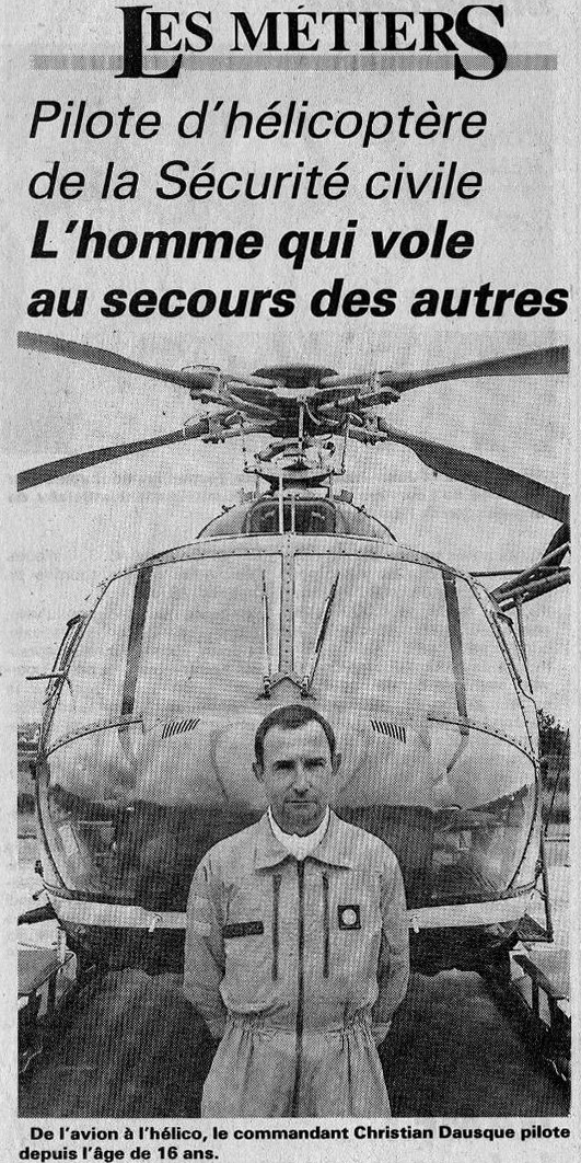 Photo de Christian Dausque posant devant le Dauphin de la Sécurité civile - Article de journal du 1er juillet 1994 - Document DR