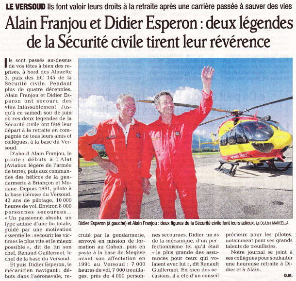 Alain Franjou et Didier Espéron : deux légendes de la Sécurité civile tirent leur révérence - Article du 24 juin 2013 © Le Dauphiné Libéré