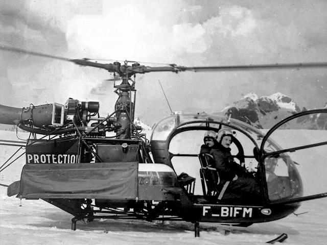 Alouette 2 F-BIFM n° 1165 de la Protection Civile en Mai 1958 avec le mécanicien Louis Maret et le pilote Alfred Leplus - Photo DR GHSC Grenoble