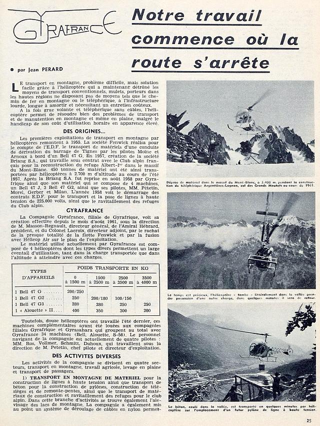 Article page 25 AVIATION Magazine de l'espace N°340 du 1er février 1962 Bell 47 G2 Gyrafrance - Photos DR AVIATION Magazine de l'espace