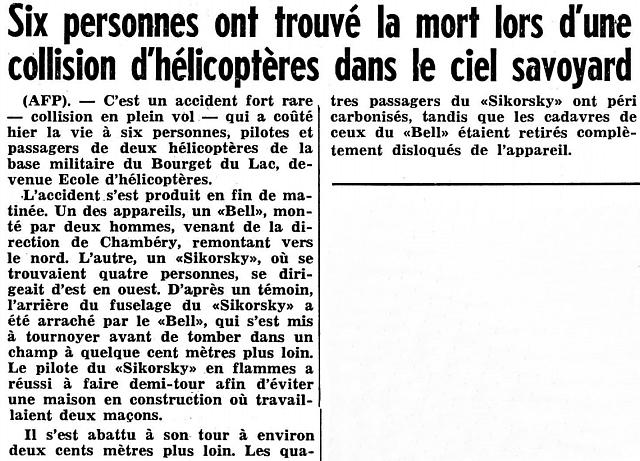 Article sur collision 2 hélicoptères feuille d'avis du Valais 7 octobre 1960 - Photo DR