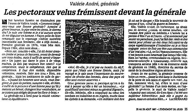 Article sur le général Valérie André "L'événement du Jeudi" du 20 au 26 août 1987 - Document DR 