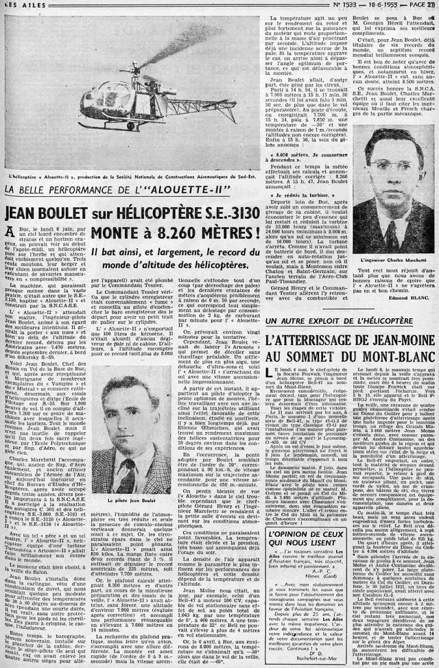 Article du journal "Les ailes" du 18 juin 1955, relatant le record d'altitude par Jean Boulet le 6 juin 1955 - Photo DR