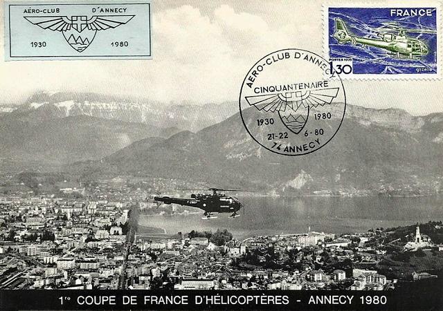 Oblitération (cinquantenaire) sur carte Aéroclub d'Annecy à l'occasion de la 1ère Coupe de France d'Hélicoptère les 17 & 18 mai 1980 - Alouette 3 Sécurité civile F-ZBDP survolant Annecy - Photo DR