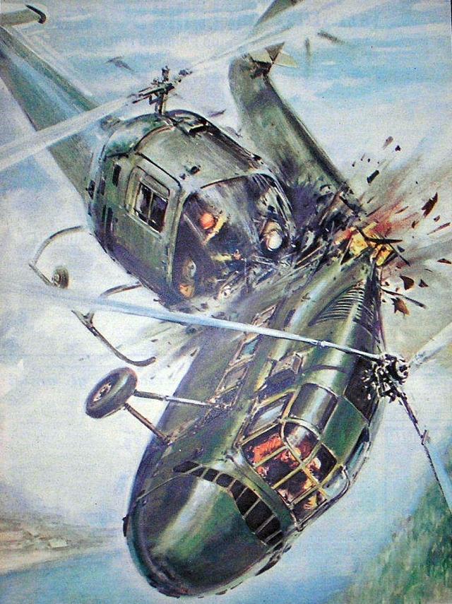 Vue d'artiste de la collision du 6 octobre 1960 entre un Bell 47 et un Sikorsky H-34 - Document La Domenica del Corriere - Photo DR