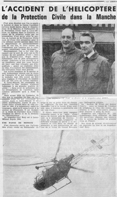Article de presse La Liberté du Morbihan relatant le crash de l'Alouette 2 F-ZBAB Protection civile - Document La Liberté du Morbihan collection Famille Le Gac