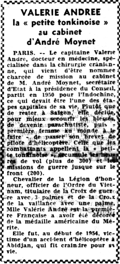 Article de journal Le Courrier du Maroc 28-11-1954 relatant l'accident d'hélicoptère de Valérie André - Document DR