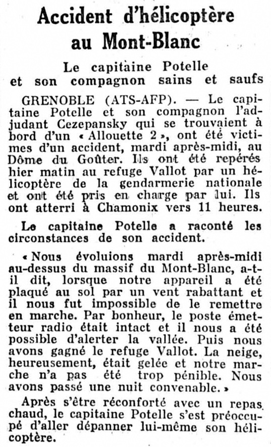Article relatant l'histoire du Crash du capitaine Didier Potelle et de l'adjudant Cezepansky dans le Journal de Neuchâtel le 14/12/1961 - Photo DR