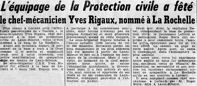Article de journal "L'équipage de la Protection civile a fêté le chef-mécanicien Yves Rigaux, nommé à La Rochelle"- Document DR collection famille RIGAUX