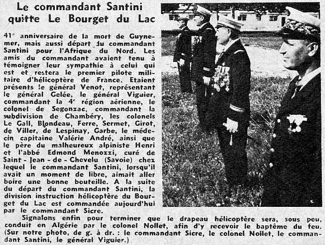 Article "Le commandant Santini quitte Le Bourget-du-Lac" - 1er octobre 1958 - Photo DR Aviation magazine