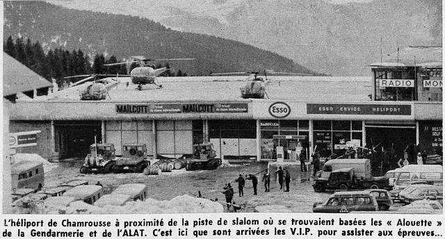 Héliport de Chamrousse avec Alouette 3 F-MJBG gendarmerie, Alouette 3 F-ZBAL Protection civile et autre Alouette III, lors des JO d'hivers de Grenoble en 1968 - Photo DR