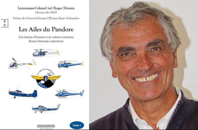 Deux images côte à côte : la couverture d'un ouvrage représentant sur fond blanc des avions et des hélicoptères, et le visage souriant de Roger Drouin, l'auteur du livre - Photo © D.R.