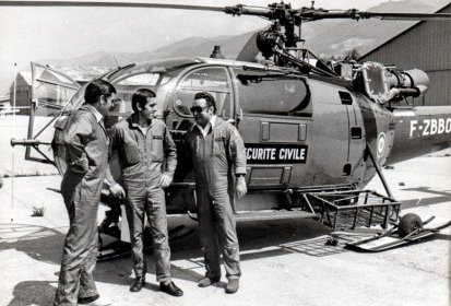 Alouette 3 F-ZBBO Sécurité civile avec de gauche à droite : Paul ROUET, Michel (...)