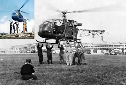 Six des huit techniciens, suspendus aux patins de l'Alouette II F-WHOF (…)